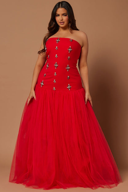 Kira Red Embellished Flowing Tulle Gown