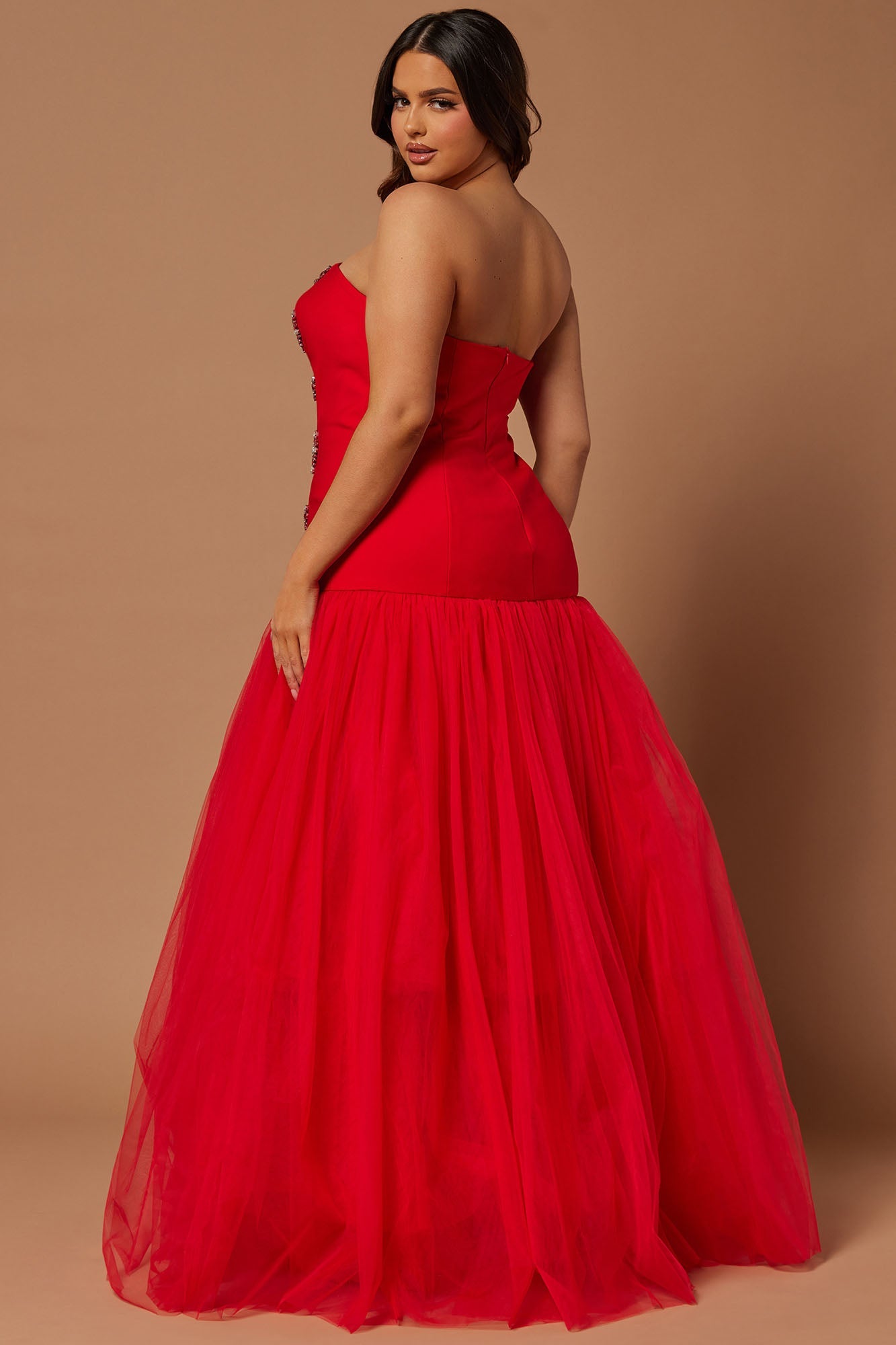 Kira Red Embellished Flowing Tulle Gown