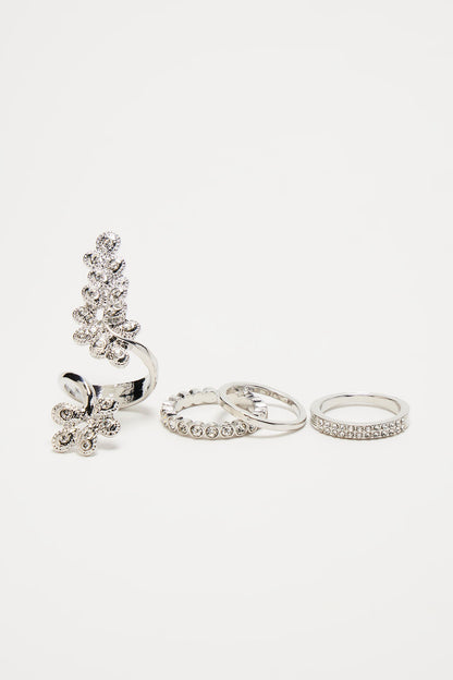 "My Forever Glamour" Silver Rhinestone 4 Piece Ring Set