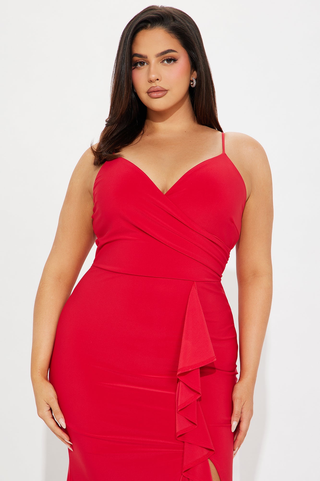 Hailey Red Ruffle Slit Gown
