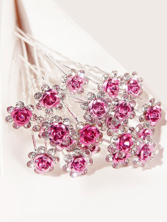 "Oh So Stunning" 20 pcs Metal Rose Hair Pins With Rhinestones