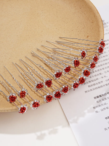 "Oh So Stunning" 20 pcs Metal Rose Hair Pins With Rhinestones