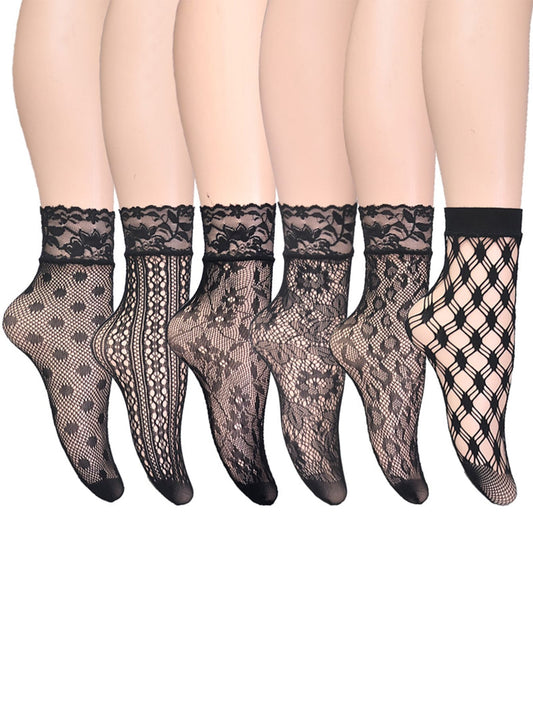 "Oh So Chic" 6 pairs Black Floral Pattern Crew Socks