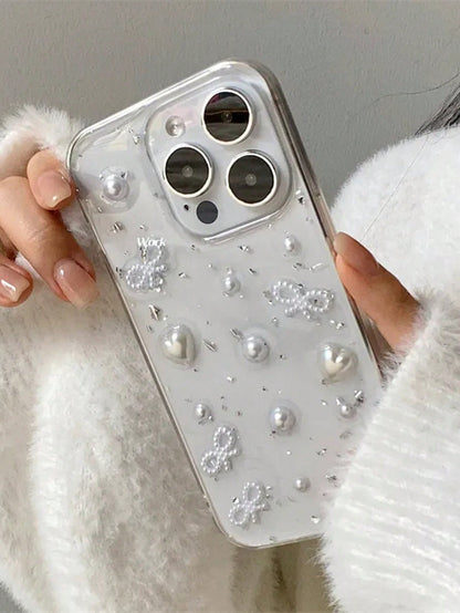 "Pretty For You" Luxury 3D Pearls & Bows Silver Foil Phone Case