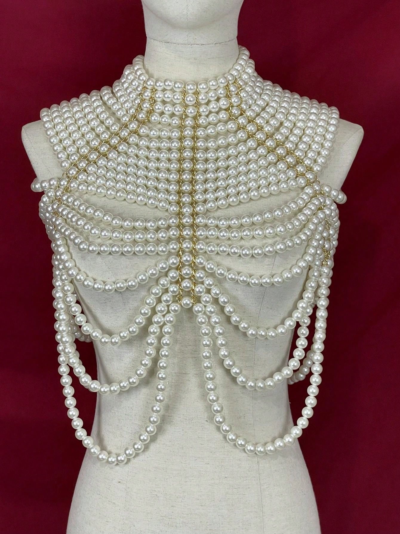 “Feel My Faux” 1 Pc Handmade Heavy Faux Pearl Body Chain Beaded Multi-Layered Medieval Style Beaded Necklace