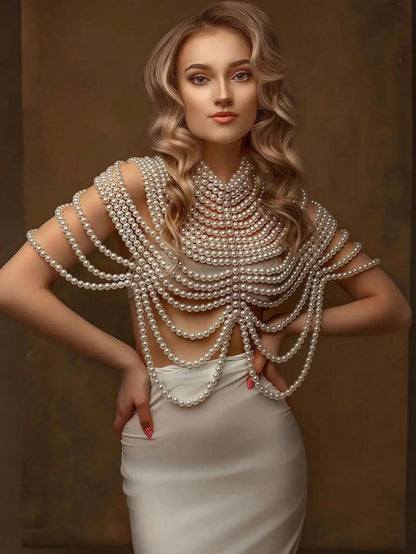 “Feel My Faux” 1 Pc Handmade Heavy Faux Pearl Body Chain Beaded Multi-Layered Medieval Style Beaded Necklace