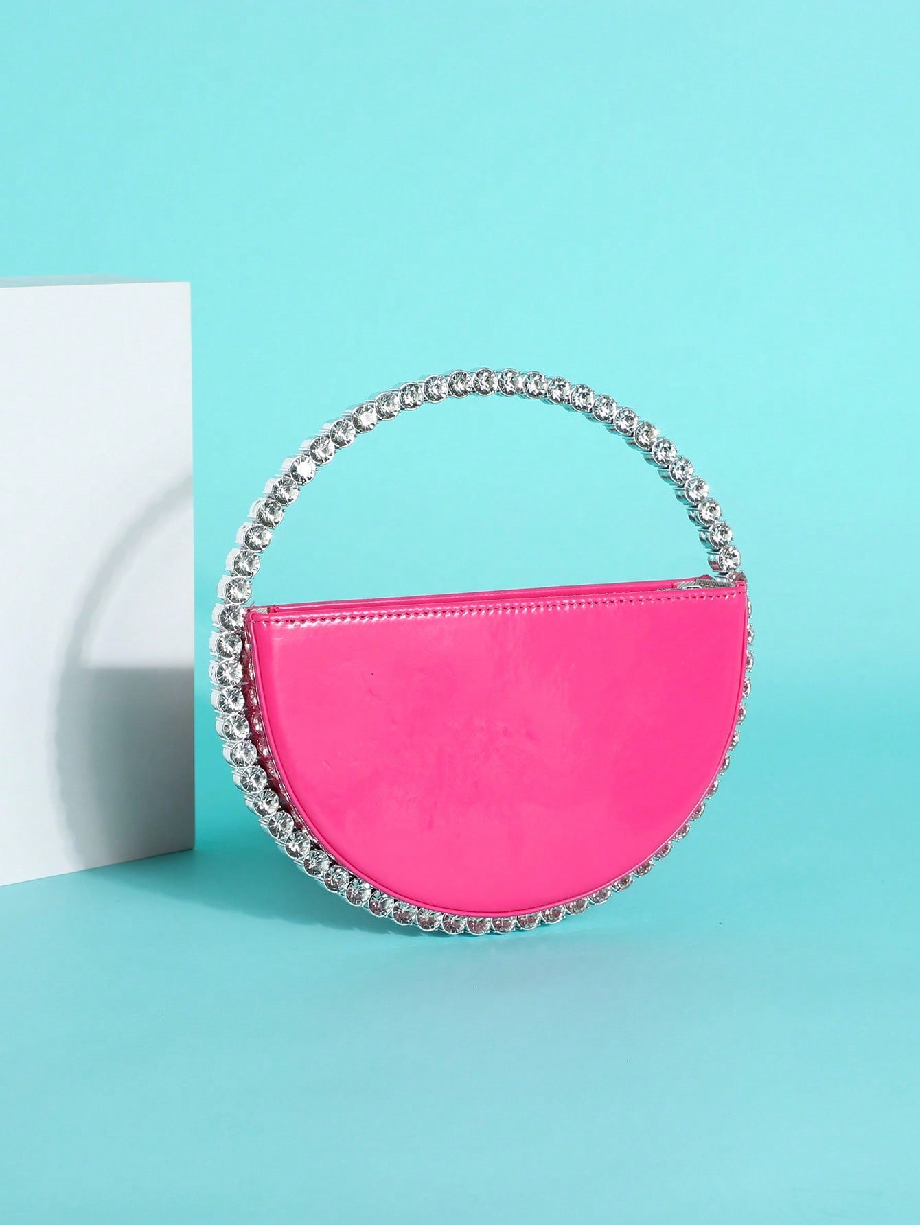 Donna Hot Pink Semi-Circle Clutch W/ Diamond Circular Handle