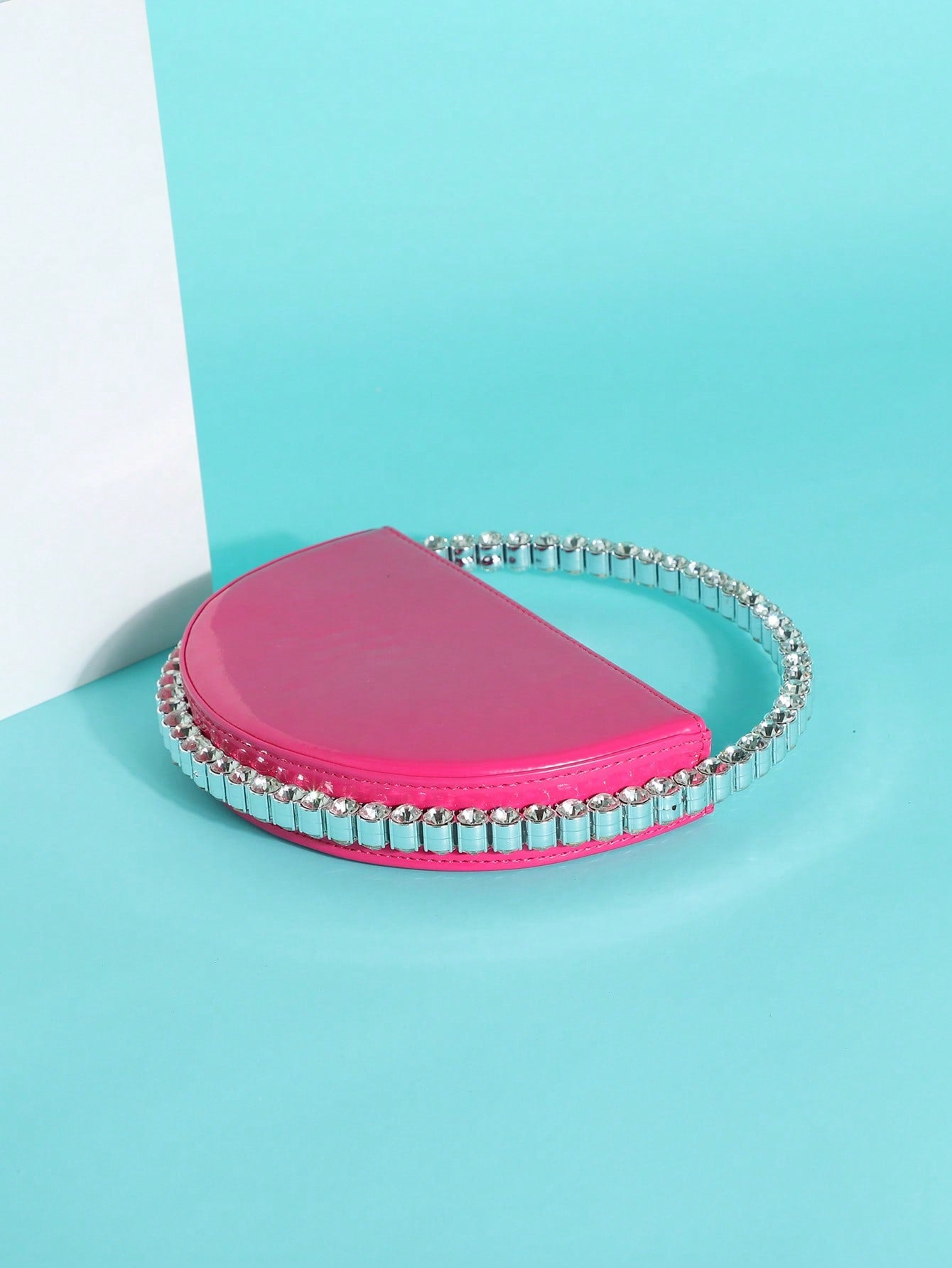 Donna Hot Pink Semi-Circle Clutch W/ Diamond Circular Handle