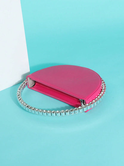 Donna Hot Pink Semi-Circle Clutch W/ Diamond Circular Handle