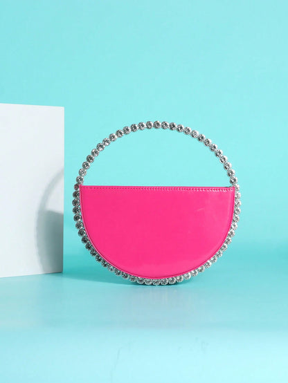 Donna Hot Pink Semi-Circle Clutch W/ Diamond Circular Handle
