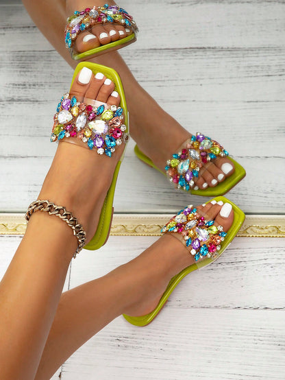 Mini Glamorous Flat Rhinestone Decor Open Toe Slide Sandals