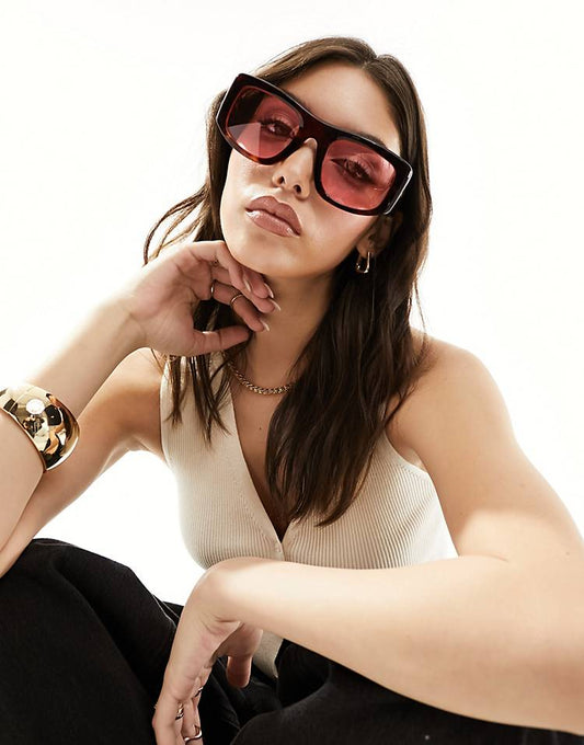 "All Day Chic "Quay x Guizio Oversized Square Sunglasses in Tort with Pink Lens