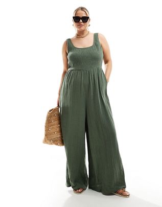 Tori ASOS DESIGN Curve scoop neck wide leg jumpsuit in khaki