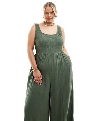 Tori ASOS DESIGN Curve scoop neck wide leg jumpsuit in khaki