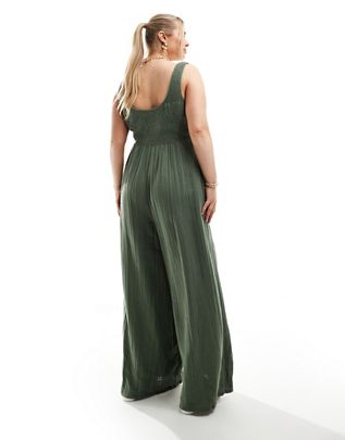 Tori ASOS DESIGN Curve scoop neck wide leg jumpsuit in khaki