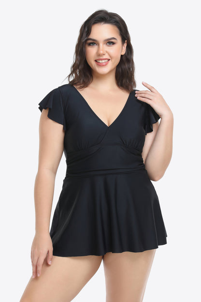 Kessel Plus Size Ruffled Plunge Swim Dress and Bottoms Set