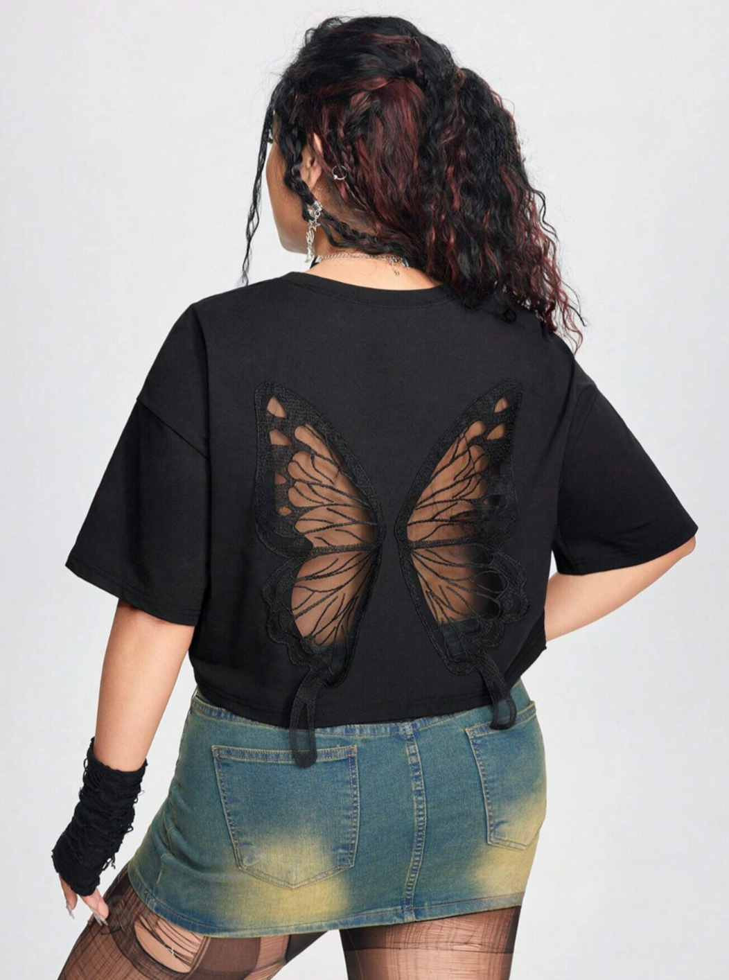 Zoe PUNK Plus Size Embroidered Mesh Butterfly Pattern Drop Shoulder T-Shirt