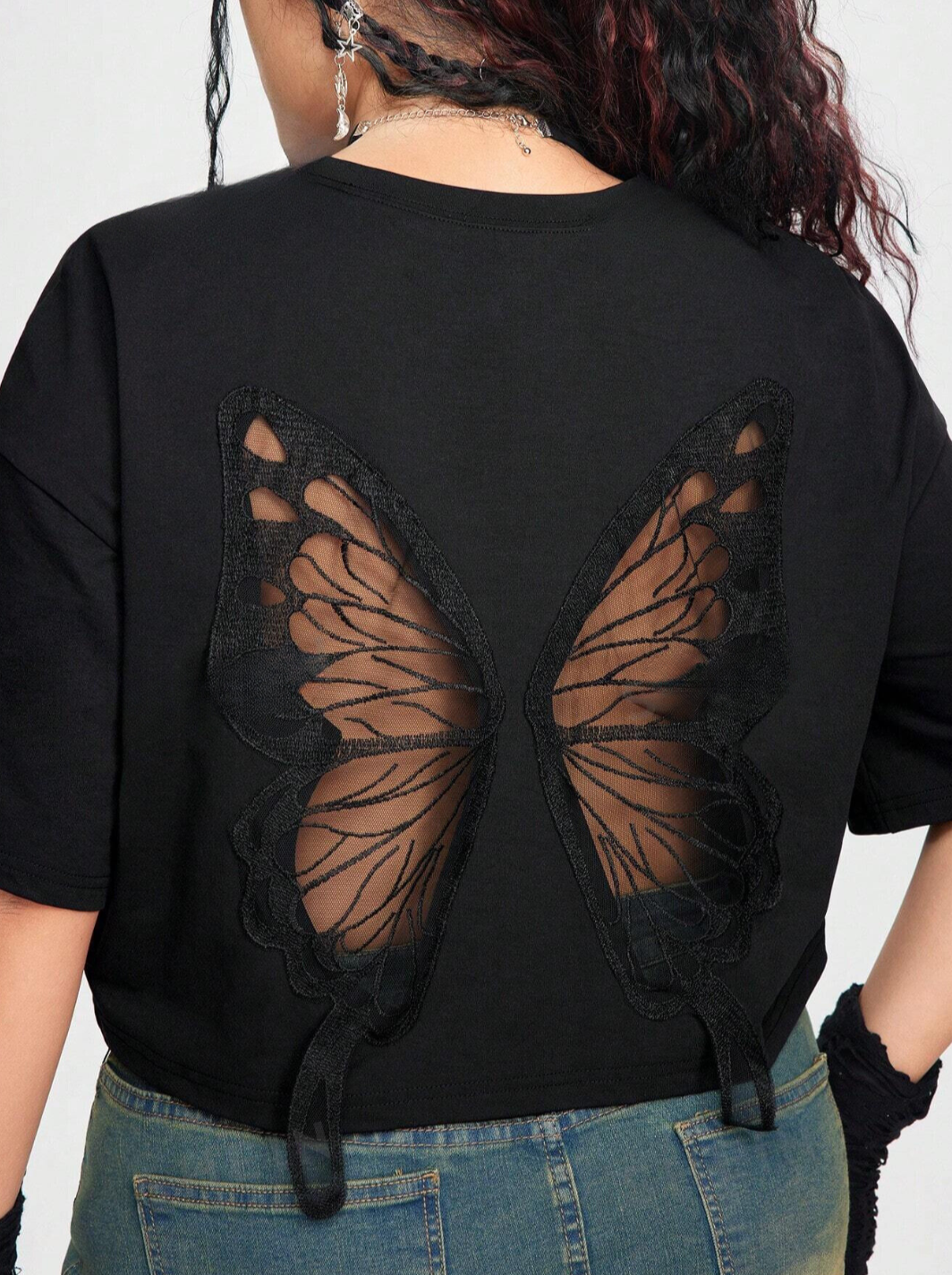Zoe PUNK Plus Size Embroidered Mesh Butterfly Pattern Drop Shoulder T-Shirt